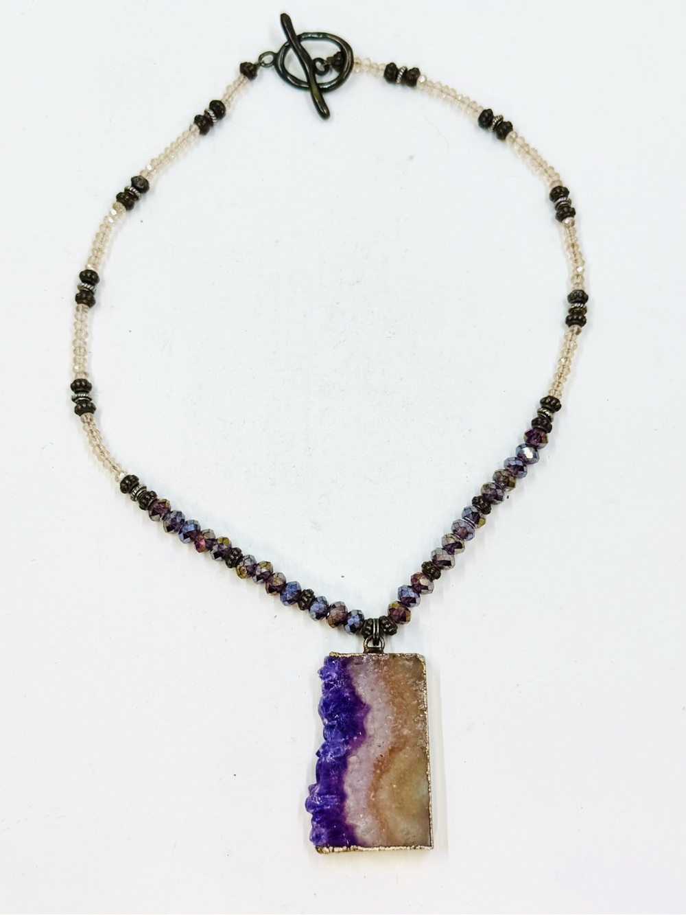 Vintage Natural Amethyst Geode Slice Pendant Beaded Necklace Choker 16”